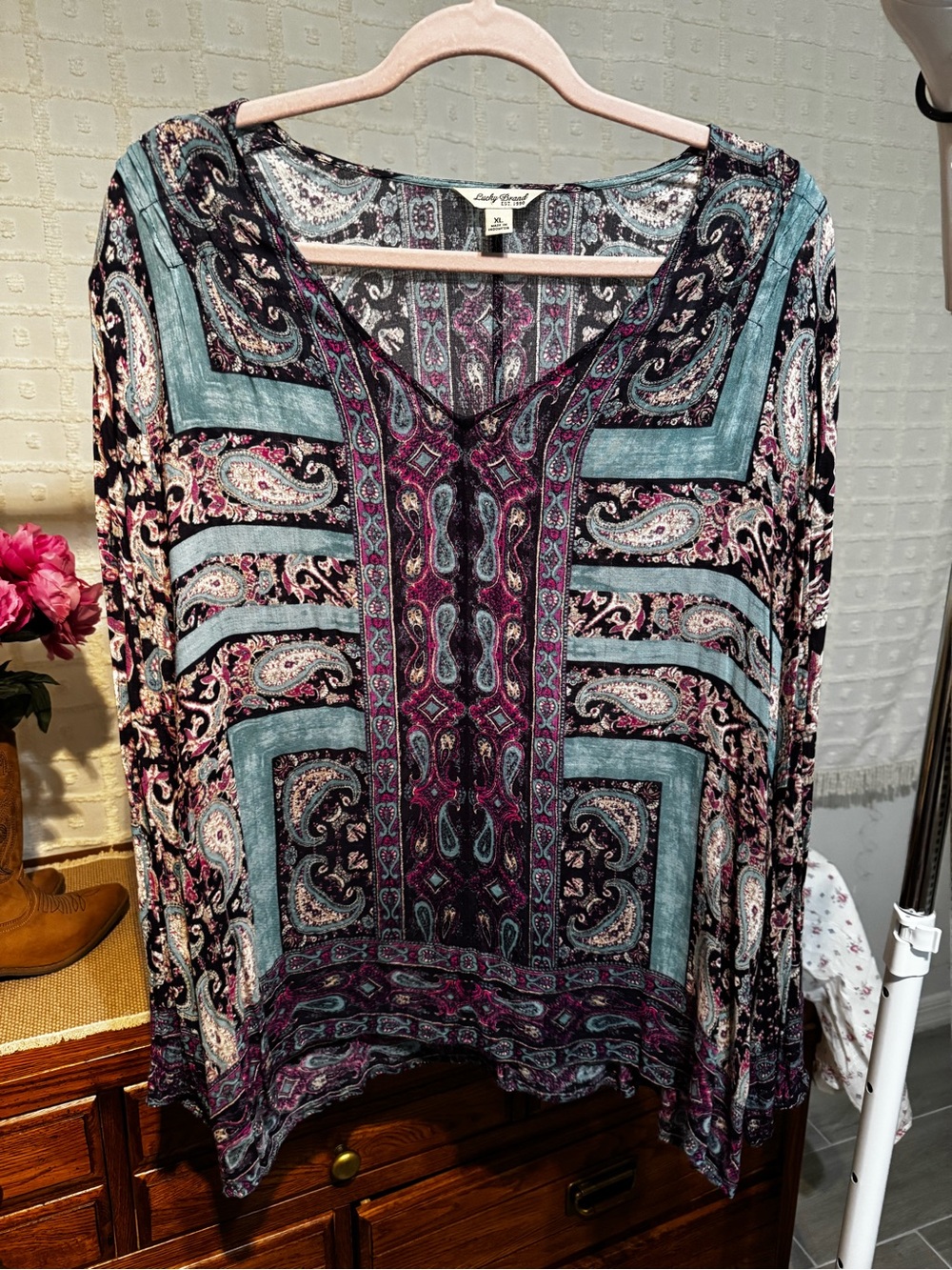 Lucky Brand Teal and Magenta Paisley V-Neck Tunic